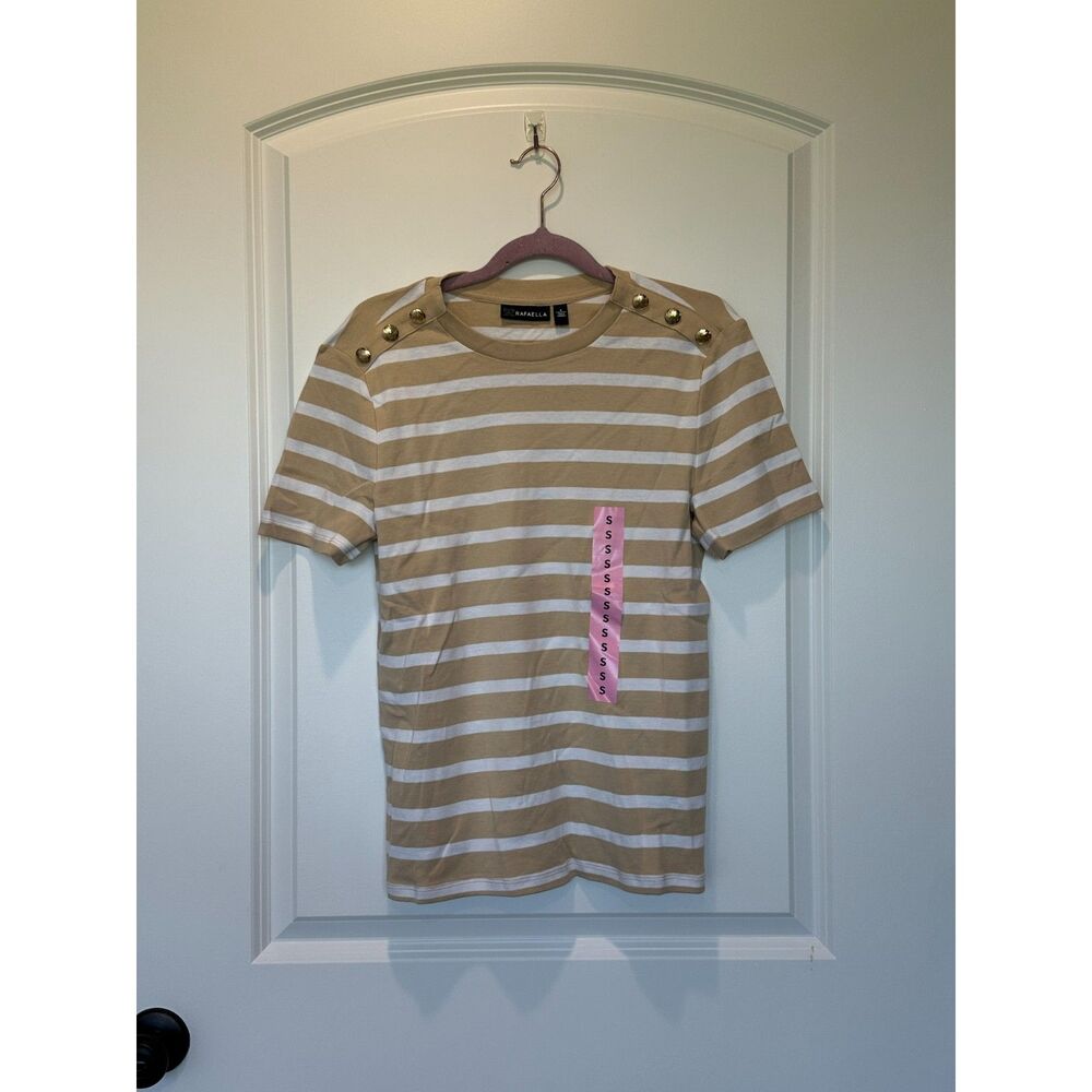 NWT Rafaella Crew Neck Top Button Shoulder Irish Cream Stripe Size Small